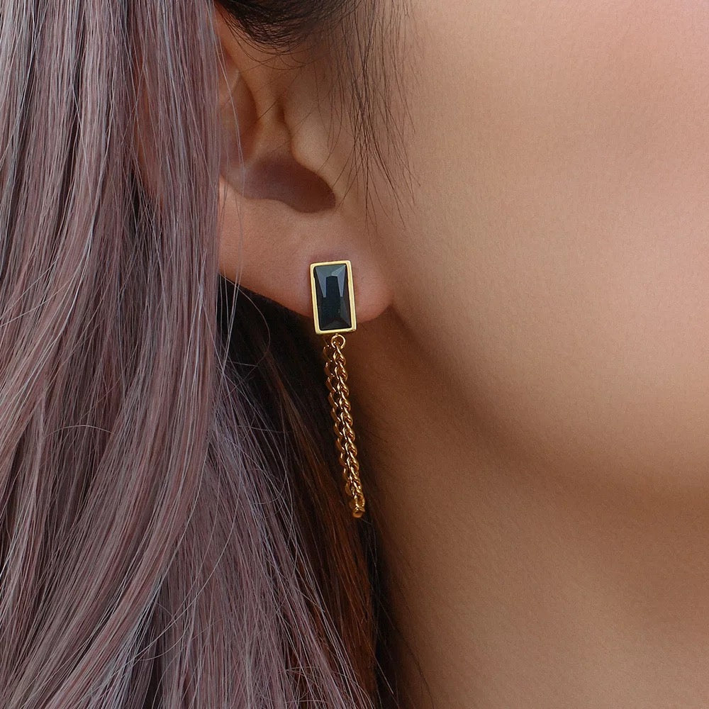 Black Onyx Hoop Chain Earrings