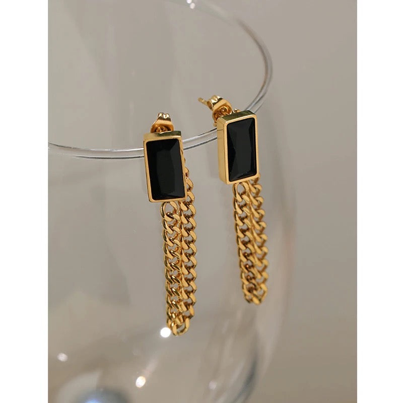 Black Onyx Hoop Chain Earrings